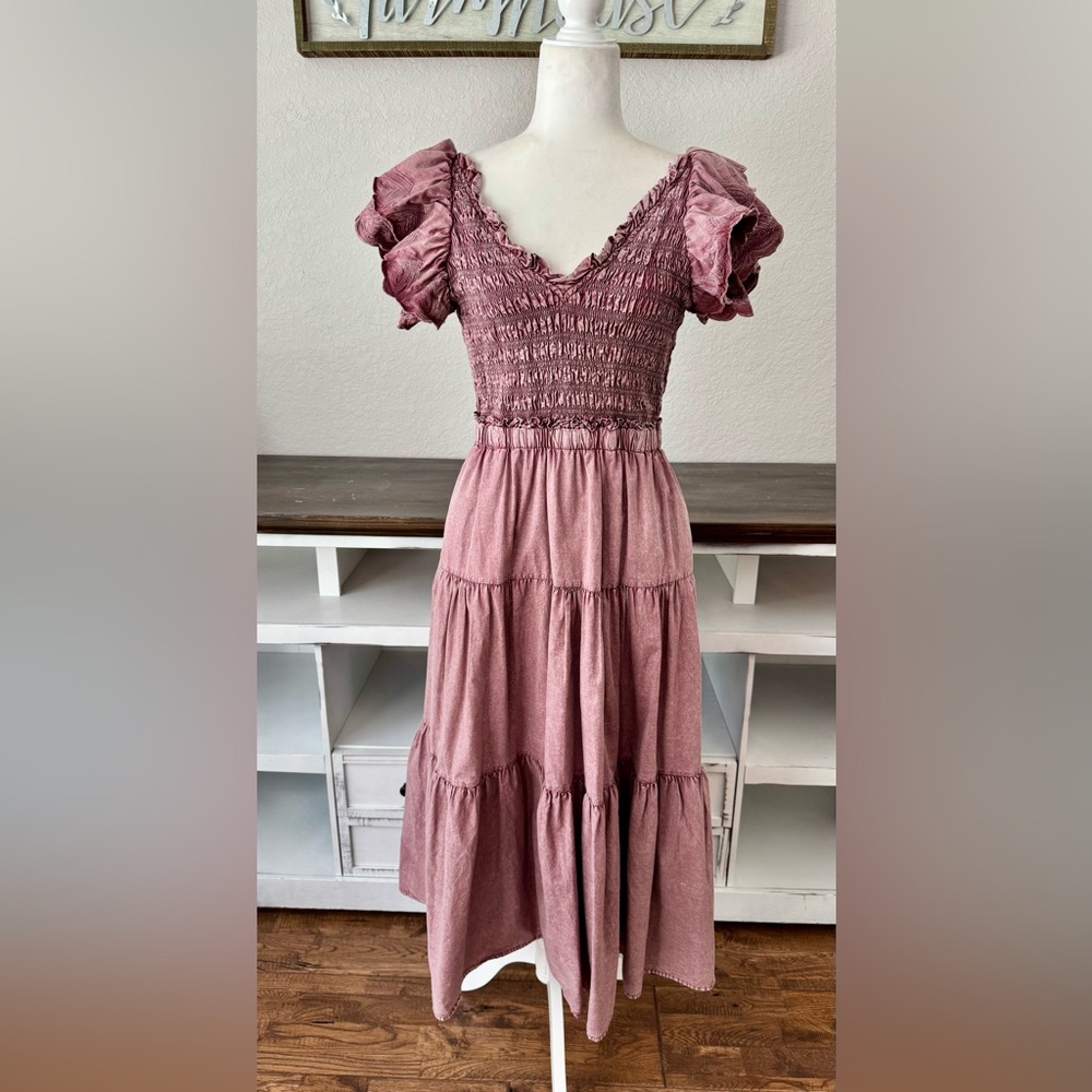 Sea New York Heidi Smocked Maxi Dress Rose Heart Open Back Women's Size 4 *6 - Picture 2 of 10